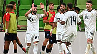 AP Photo : Saudi Arabia's Sultan Mandash (27) celebrates after a goal with teammates during the second half of an international friendly soccer match against Puerto Rico.