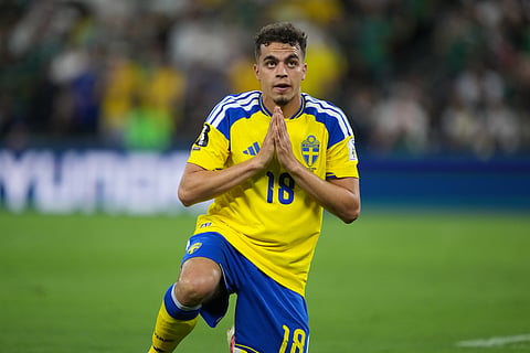 Sweden's Yasin Ayari (18) celebrates after scoring his side's opening goal during the World Cup Group F soccer match between Sweden and Tunisia in Guadalupe, near Monterrey, Mexico, Sunday, June 14, 2026.