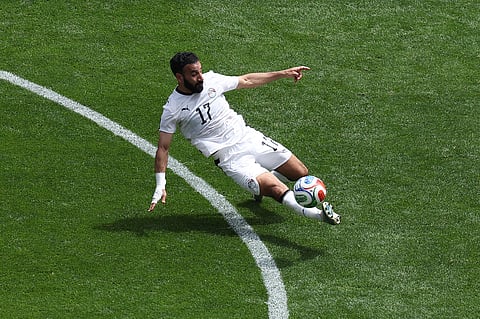 Egypt's Mohanad Lashin (17) kicks the ball during the World Cup Group G soccer match between Belgium and Egypt in Seattle, Monday, June 15, 2026.