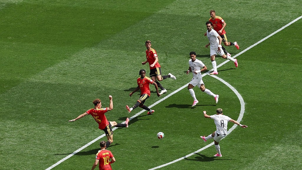 Egypt's Emam Ashour (8) scores the opening goal during the World Cup Group G soccer match between Belgium and Egypt in Seattle. - AP Photo