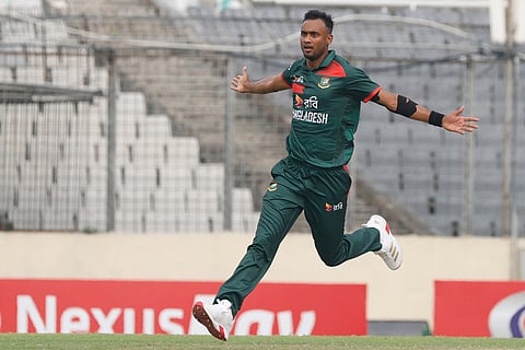 Bangladesh's Shoriful Islam celebrates the wicket of Australia's Matt Renshaw during the third one day international cricket match between Australia and Bangladesh, in Mirpur, Bangladesh.