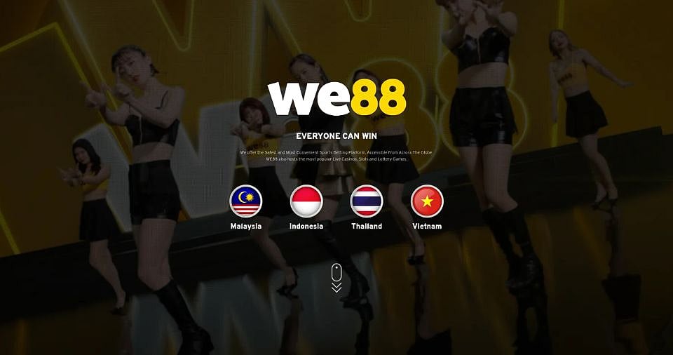 WE88 online gaming landing page with flag icons