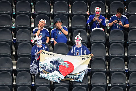 Japan fans show support during the World Cup Group F soccer match between the Netherlands and Japan in Arlington, Texas, near Dallas, Sunday, June 14, 2026.