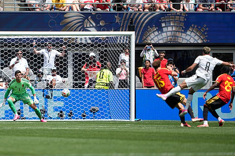 Egypt's Emam Ashour (8) scores his side's opening goal against Belgium during the World Cup Group G soccer match in Seattle, Monday, June15, 2026.