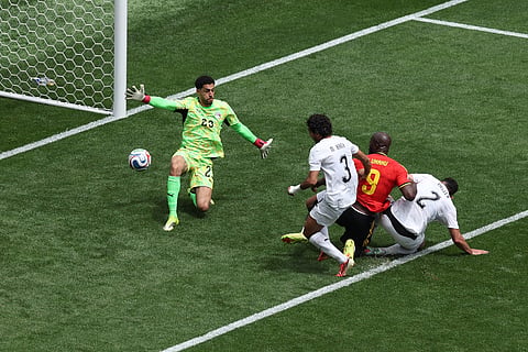 Belgium's Romelu Lukaku (9) forces an own goal during the World Cup Group G soccer match against Egypt in Seattle, Monday, June 15, 2026.