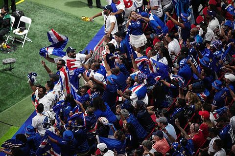 Cape Verde fans cheer during the World Cup Group H soccer match between Spain and Cape Verde in Atlanta, Monday, June 15, 2026.