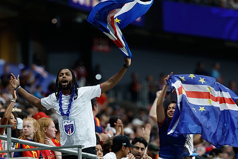Cape Verde fans cheer during the World Cup Group H soccer match between Spain and Cape Verde in Atlanta, Monday, June 15, 2026.
