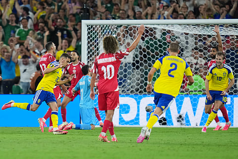 Sweden's Yasin Ayari (18) reacts after scoring his team's first goal during the World Cup Group F soccer match between Sweden and Tunisia in Guadalupe, near Monterrey, Mexico, Sunday, June 14, 2026.