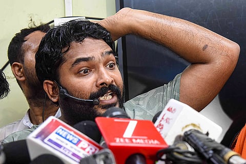 Roshan Anand, director of Gyan Bindu Academy, speaks to the media after he was granted bail in a case related to the vandalism and pelting of stones at a coaching institute of educator Faisal Khan, popularly known as 'Khan Sir', in Patna.