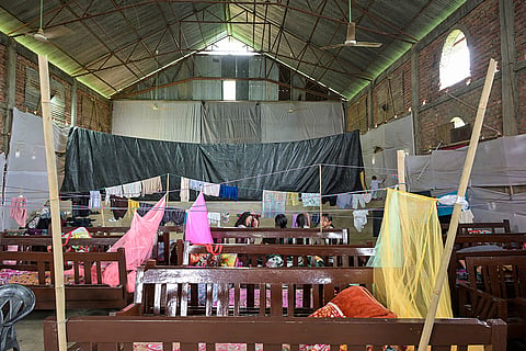 Makeshift beds inside a relief camp for internally displaced persons set up at Makhan village, in Kangpokpi district, Manipur. More than 150 people displaced from Konsakhul and other villages are taking shelter at the camp amid tensions between Naga and Kuki communities in the area. 
