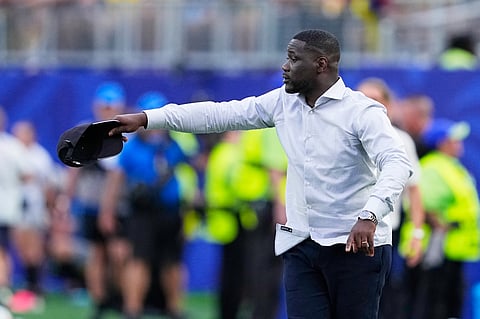 Ivory Coast head coach Emerse Fae gestures during the World Cup Group E soccer match between Ivory Coast and Ecuador in Philadelphia, Sunday, June 14, 2026.
