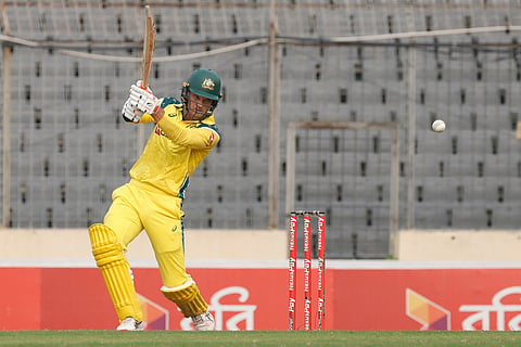Australia's Alex Carey plays a shot during the third one day international cricket match between Australia and Bangladesh, in Mirpur, Bangladesh.