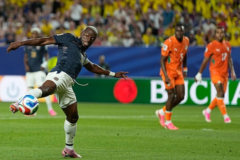 Ecuador's Enner Valencia takes a shot during a World Cup Group E soccer match against Ivory Coast in Philadelphia, Sunday, June 14, 2026.