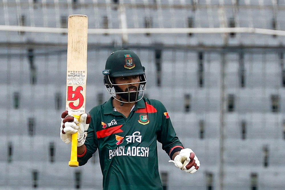 Bangladeshs Towhid Hridoy celebrates his fifty runs