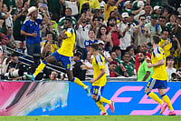 AP Photo/Matias Delacroix : Sweden's Alexander Isak (9) celebrates after scoring his team's second goal during the World Cup Group F soccer match between Sweden and Tunisia in Guadalupe, near Monterrey, Mexico, Sunday, June 14, 2026.