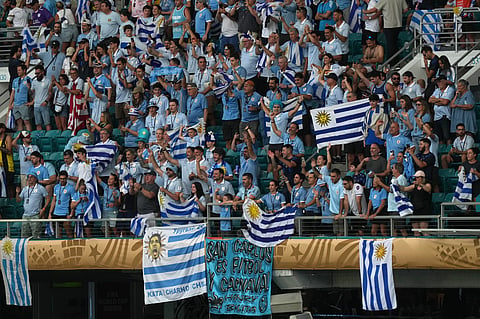 Fans cheer inside the stadium before the World Cup Group H soccer match between Saudi Arabia and Uruguay in Miami Gardens, Fla., Monday, June 15, 2026.