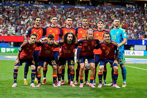 Spain team pose before the start of the World Cup Group H soccer match between Spain and Cape Verde in Atlanta, Monday, June 15, 2026.