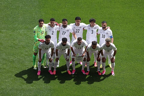 Egypt's starting eleven pose for a photo before the World Cup Group G soccer match between Belgium and Egypt in Seattle, Monday, June 15, 2026.