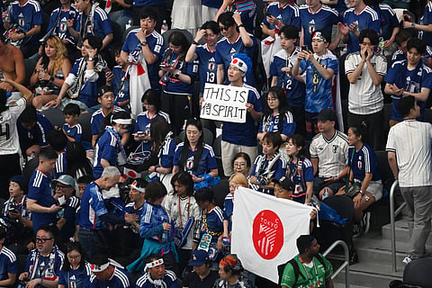 Japan fans look on during the World Cup Group F soccer match between the Netherlands and Japan in Arlington, Texas, near Dallas, Sunday, June 14, 2026.