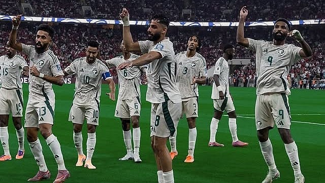 Saudi Arabia players celebrate a goal during their FIFA World Cup 2026 AFC Qualifiers match against Indonesia on October 8. - | Photo: Instagram/saudint