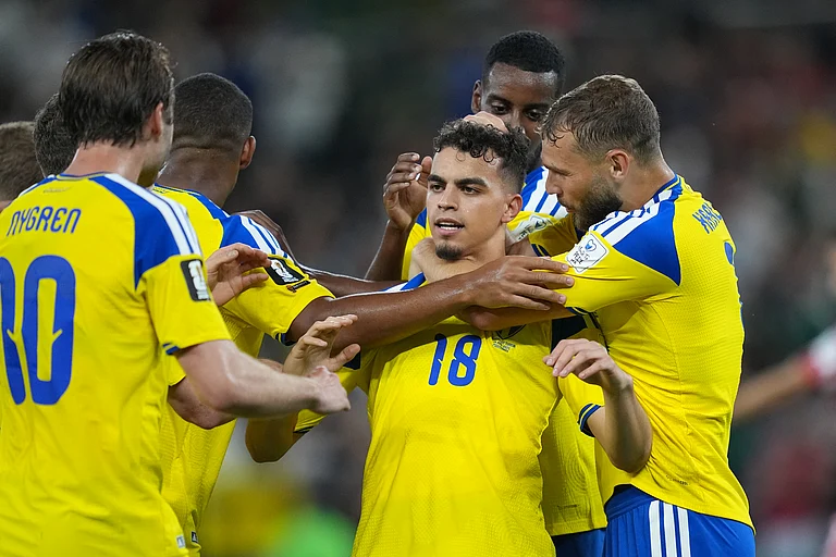 Sweden's Yasin Ayari (18) celebrates after scoring his side's opening goal during the World Cup Group F soccer match between Sweden and Tunisia in Guadalupe, near Monterrey, Mexico, Sunday, June 14, 2026. - AP Photo/Moises Castillo