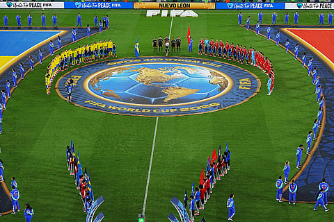 General view during the pregame ceremony before the World Cup Group F soccer match between Sweden and Tunisia in Guadalupe, near Monterrey, Mexico, Sunday, June 14, 2026.