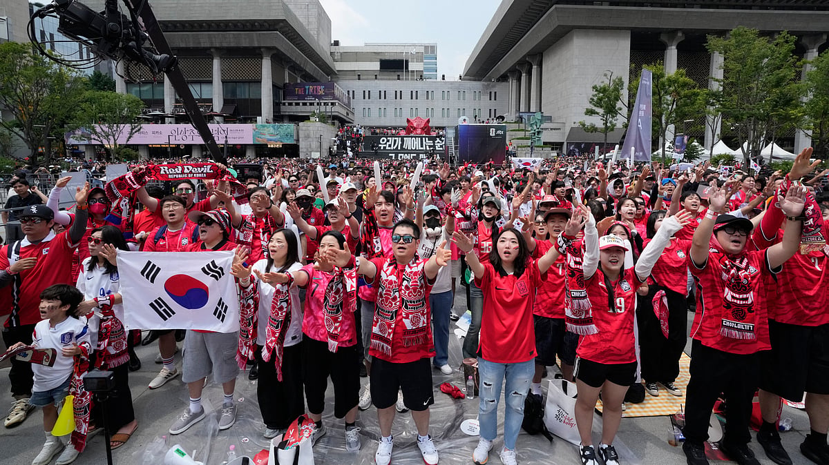 Korean fans cheer for their team as they watch a live public broadcast of the FIFA World Cup 2026, Group A match between South Korea and Czechia in Mexico, at a public viewing venue in Seoul, South Korea, Friday, June 12, 2026. - AP Photo/Ahn Young-joon