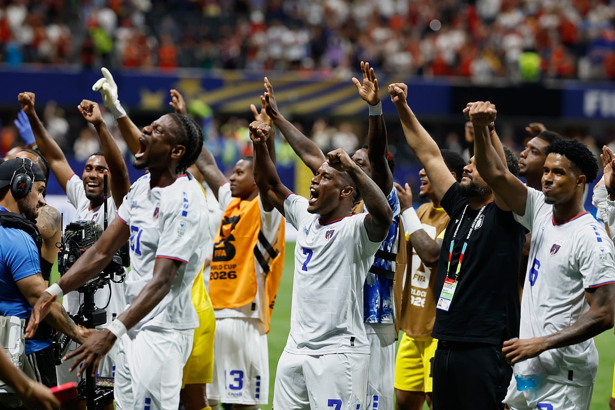 Cape Verde players celebrate after the World Cup Group H soccer match between Spain and Cape Verde in Atlanta, Monday, June 15, 2026. - AP Photo/Erik S. Lesser