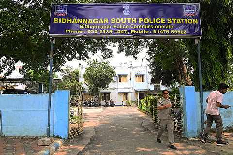 A view of the Bidhannagar South Police Station, where former West Bengal sports minister and Trinamool Congress leader Aroop Biswas appeared for questioning in connection with the investigation into alleged vandalism during football star Lionel Messi's visit to the Salt Lake Stadium in December 2025, in Kolkata.