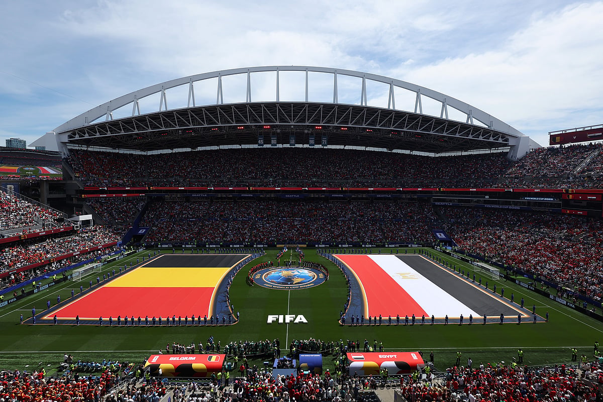 Players stand for the National anthem before the World Cup Group G soccer match between Belgium and Egypt in Seattle, Monday, June 15, 2026. - AP Photo/Maddy Grassy