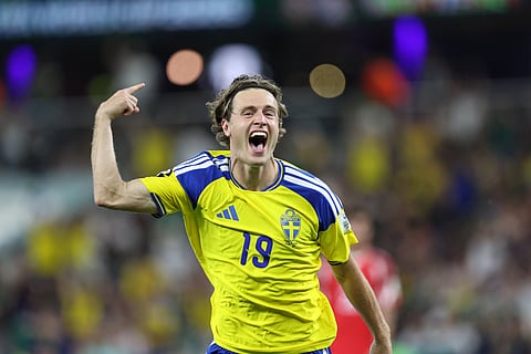 Sweden's Mattias Svanberg (19) starts to celebrate a goal that the officials called back, then was awarded by VAR, during the World Cup Group F soccer match between Sweden and Tunisia in Guadalupe, near Monterrey, Mexico, Sunday, June 14, 2026.