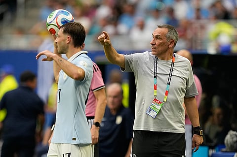Saudi Arabia head coach Georgios Donis reacts during a World Cup Group H soccer match against Uruguay in Miami Gardens, Fla., Monday, June 15, 2026.