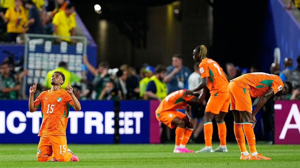 Ivory Coast's Amad Diallo (15) reacts with teammates following their World Cup Group E soccer match win over Ecuador in Philadelphia, Sunday, June 14, 2026. - AP Photo/Petr David Josek