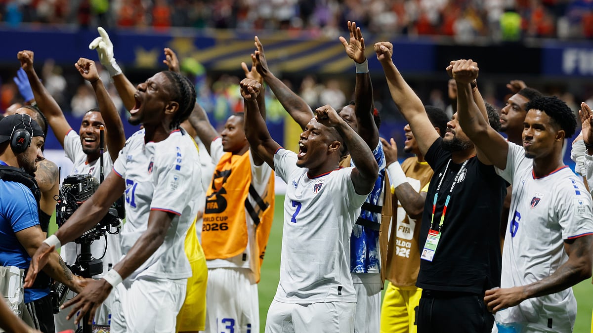 Cape Verde players celebrate after the World Cup Group H soccer match between Spain and Cape Verde in Atlanta, Monday, June 15, 2026. - AP Photo/Erik S. Lesser