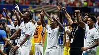 AP Photo/Erik S. Lesser : Cape Verde players celebrate after the World Cup Group H soccer match between Spain and Cape Verde in Atlanta, Monday, June 15, 2026.