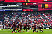 AP Photo : The Belgian team take part in the warm up ahead pf the World Cup Group G soccer match between Belgium and Egypt in Seattle