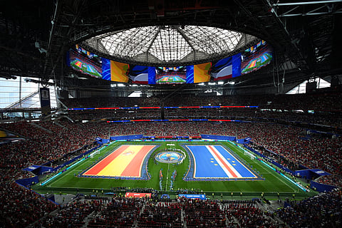 Players stand for the National anthem before the World Cup Group H soccer match between Spain and Cape Verde in Atlanta, Monday, June 15, 2026.