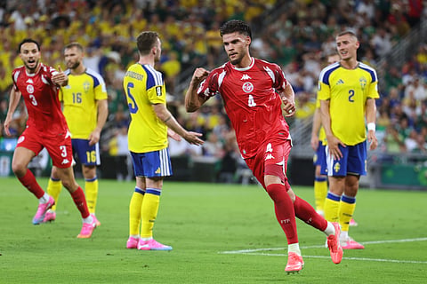 Tunisia's Omar Rekik (4) celebrates after scoring during the World Cup Group F soccer match between Sweden and Tunisia in Guadalupe, near Monterrey, Mexico, Sunday, June 14, 2026.