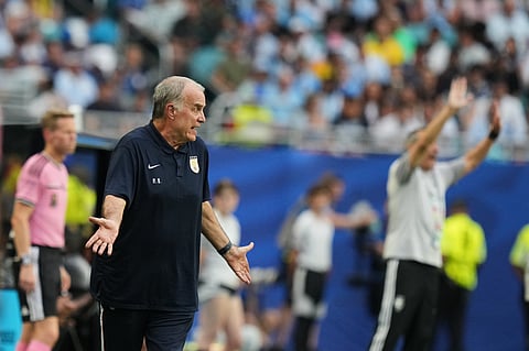 Uruguay head coach Marcelo Bielsa gestures during a World Cup Group H soccer match against Saudi Arabia in Miami Gardens, Fla., Monday, June 15, 2026.