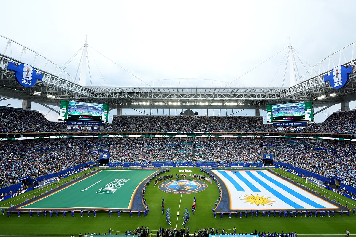 General view during the pregame ceremony before the World Cup Group H soccer match between Saudi Arabia and Uruguay in Miami Gardens, Fla., Monday, June 15, 2026. - AP Photo/Marta Lavandier