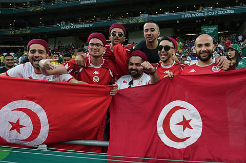 Tunisia supporters react ahead of the World Cup Group F soccer match between Sweden and Tunisia in Guadalupe, near Monterrey, Mexico, Sunday, June 14, 2026.