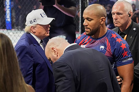 President Donald Trump, left, congratulates Ciryl Gane following his win in a heavyweight interim title bout against Alex Pereira at UFC Freedom 250 on the South Lawn of the White House in Washington.