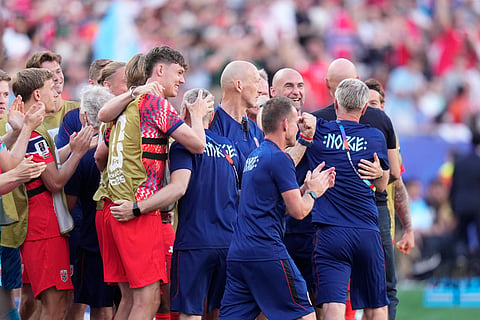 Norway's players celebrate after Erling Haaland (9) scored the opening goal during the World Cup Group I soccer match between Iraq and Norway in Foxborough, Mass., near Boston, Tuesday, June 16, 2026.