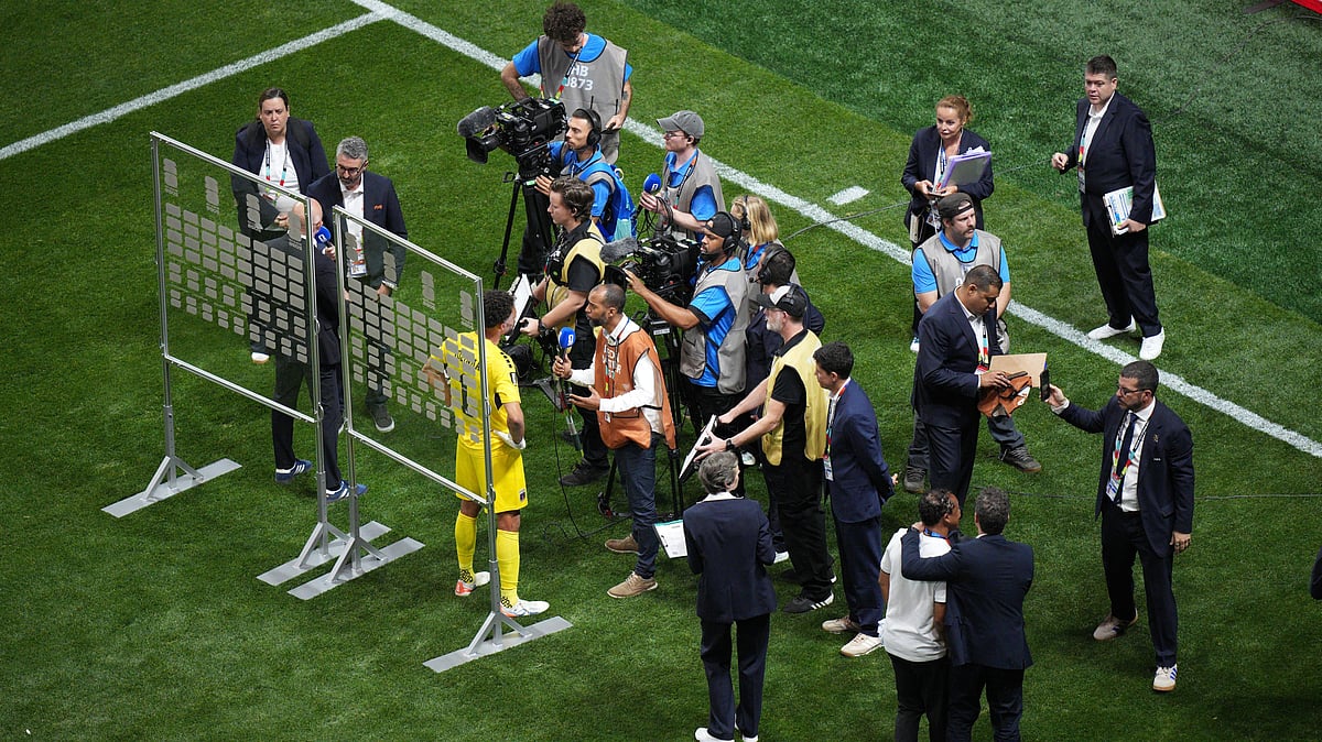Cape Verde goalkeeper Vozinha (1) talks with the media after a tie during the World Cup Group H soccer match between Spain and Cape Verde in Atlanta, Monday, June 15, 2026. - AP Photo/Jacob Kupferman