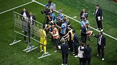 Cape Verde goalkeeper Vozinha (1) talks with the media after a tie during the World Cup Group H soccer match between Spain and Cape Verde in Atlanta, Monday, June 15, 2026. - AP Photo/Jacob Kupferman