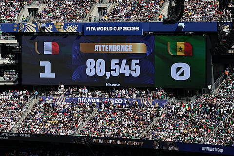 Fans watch the World Cup Group I soccer match between France and Senegal in East Rutherford, N.J., near New York, Tuesday, June 16, 2026.