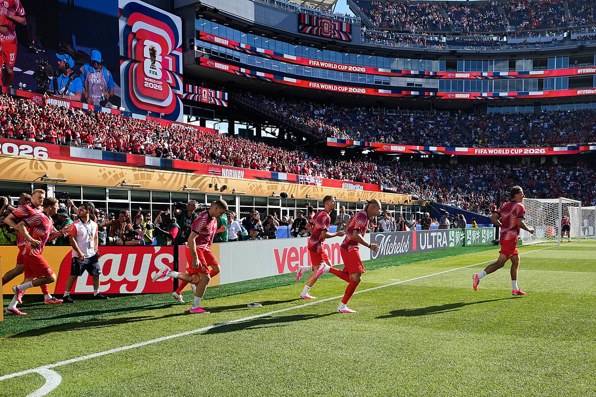 Norway's Erling Haaland, second from right, and teammates enter to the pitch prior to the World Cup Group I soccer match between Iraq and Norway in Foxborough, Mass., near Boston, Tuesday, June 16, 2026. - AP Photo/Martin Meissner
