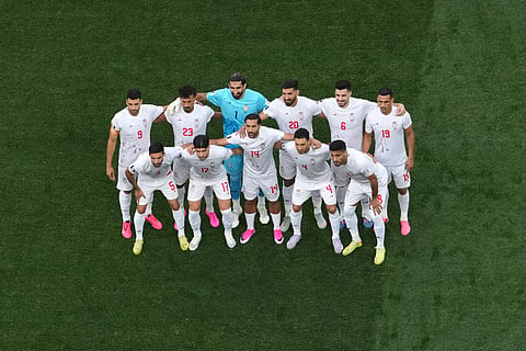 Iran starting eleven pose before the World Cup Group G soccer match between Iran and New Zealand in Inglewood, Calif., near Los Angeles, Monday, June 15, 2026.