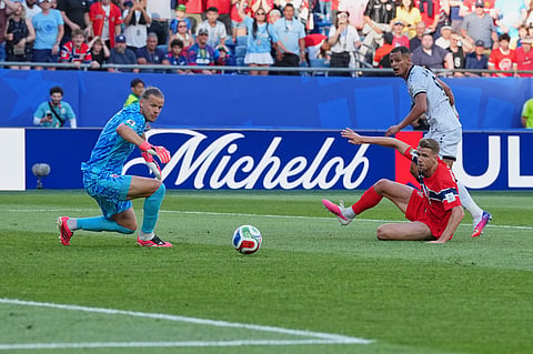 Iraq's Ali Alhamadi, top right, fails a chance to score challenged by Norway's Kristoffer Ajer during the World Cup Group I soccer match between Iraq and Norway in Foxborough, Mass., near Boston, Tuesday, June 16, 2026.