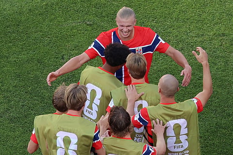 Norway's Erling Haaland (9) celebrates his second goal of the match during the World Cup Group I soccer match between Iraq and Norway in Foxborough, Mass., near Boston, Tuesday, June 16, 2026.